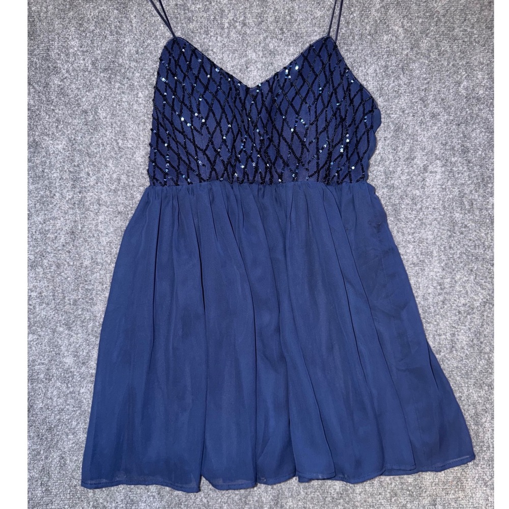 Trixxi Navy Blue Beaded Sequin Lattice Bodice Cocktail Mini Dress Large